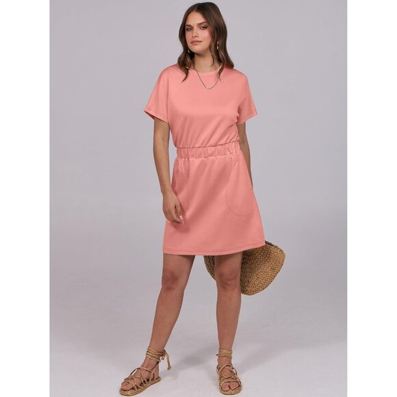 Anrabess Women Coral Crew Neck Elastic Waist Mini T Shirt Dress With Pocket - Picture 6 of 6